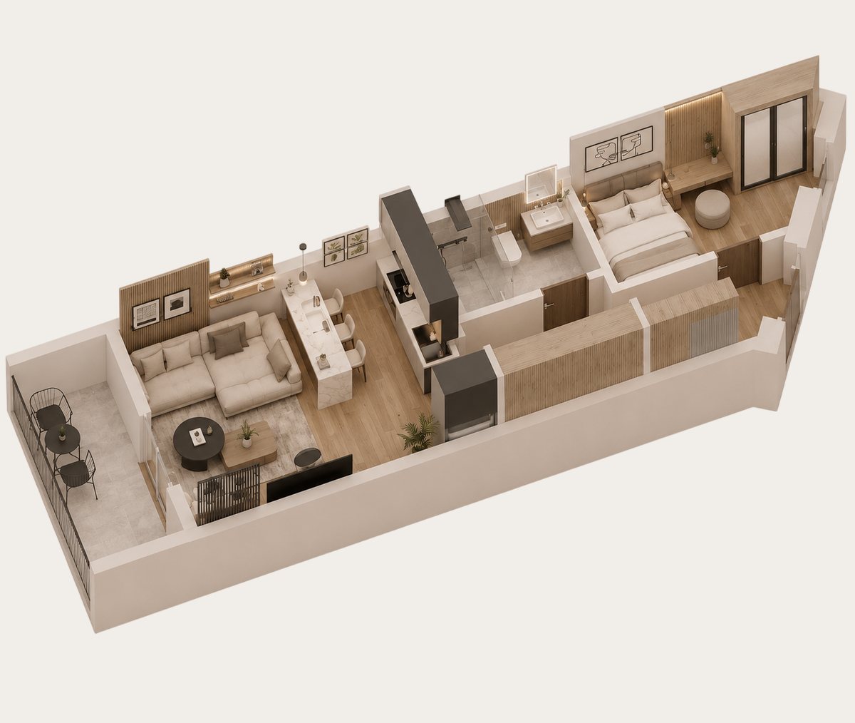 3D-Grundriss des Appartements Mosaik, 46,17 m².